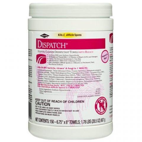 Dispatch Hospital Cleaner Disinfectant Wipe w/Bleach 7"x8" Canister 150 Wipes - 8ea/cs